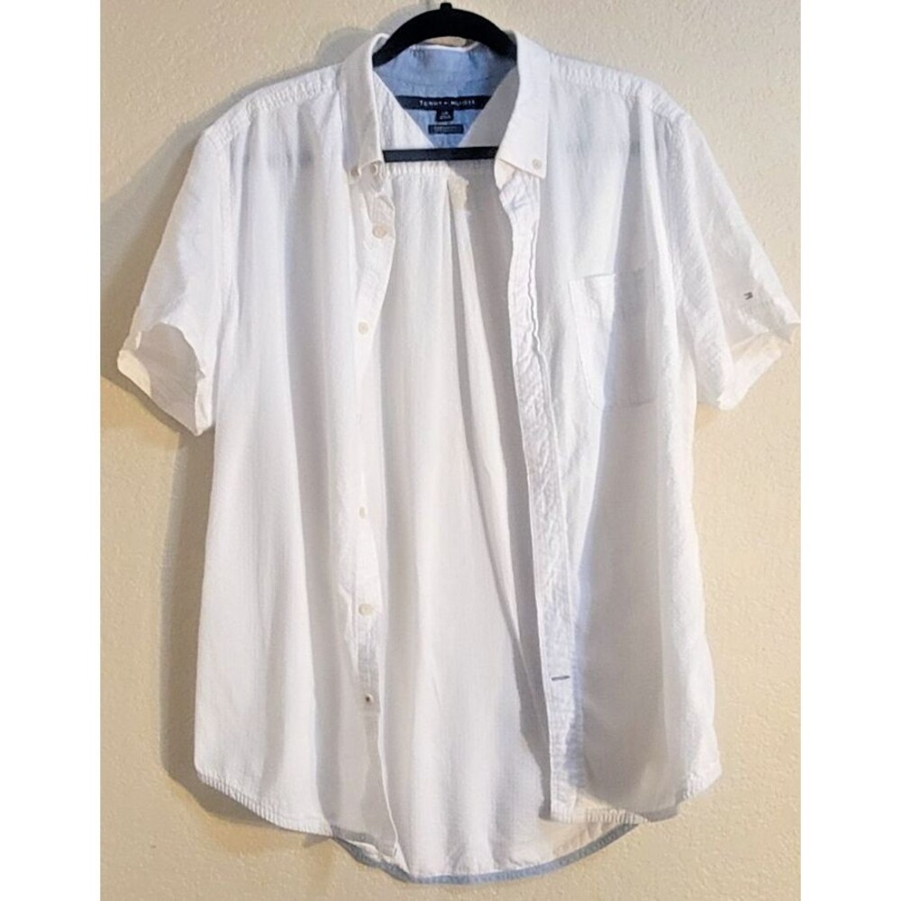 tommy hilfiger mens shirt large white custom fit collar short sleeve logo casual